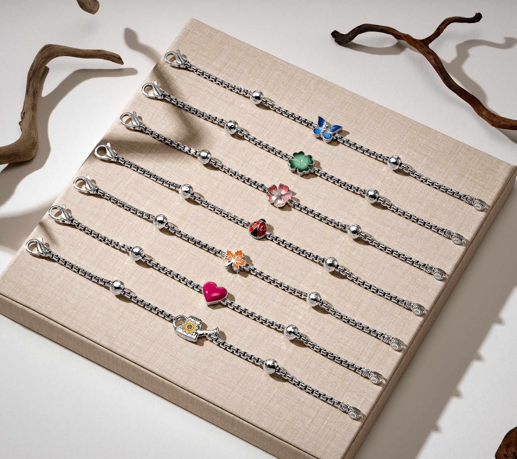 JAI Sterling Silver Storyteller Symbol Box Chain Bracelet