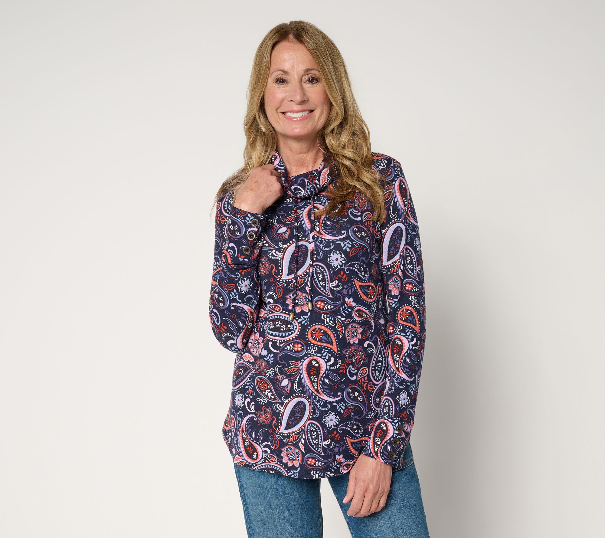 Denim & Co. Heavenly Jersey Funnel Neck Printed Top w/ Cuff Detail