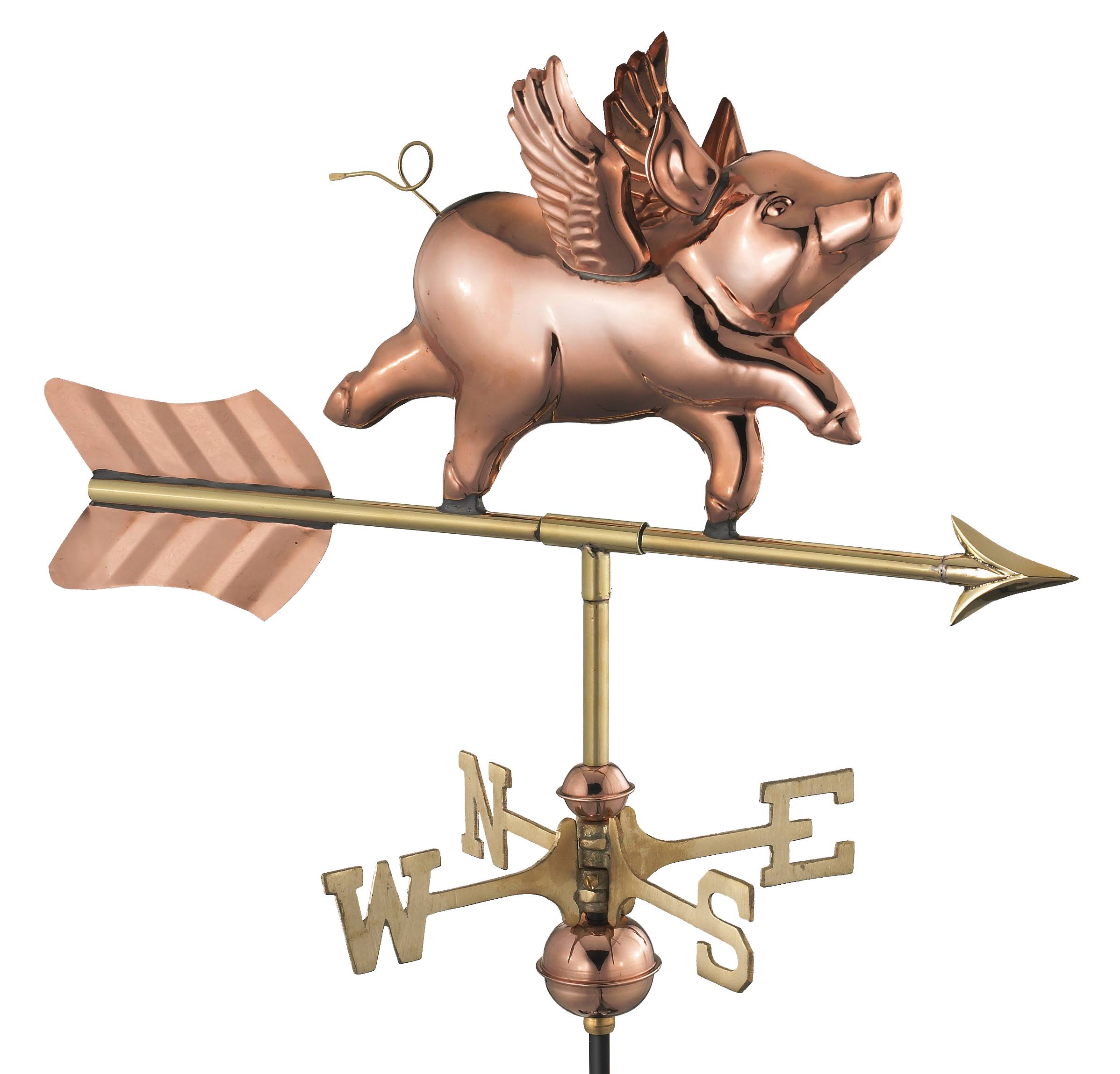 Good Directions Flying Pig Cottage Weathervane - Polished Copper W/Roof Mount