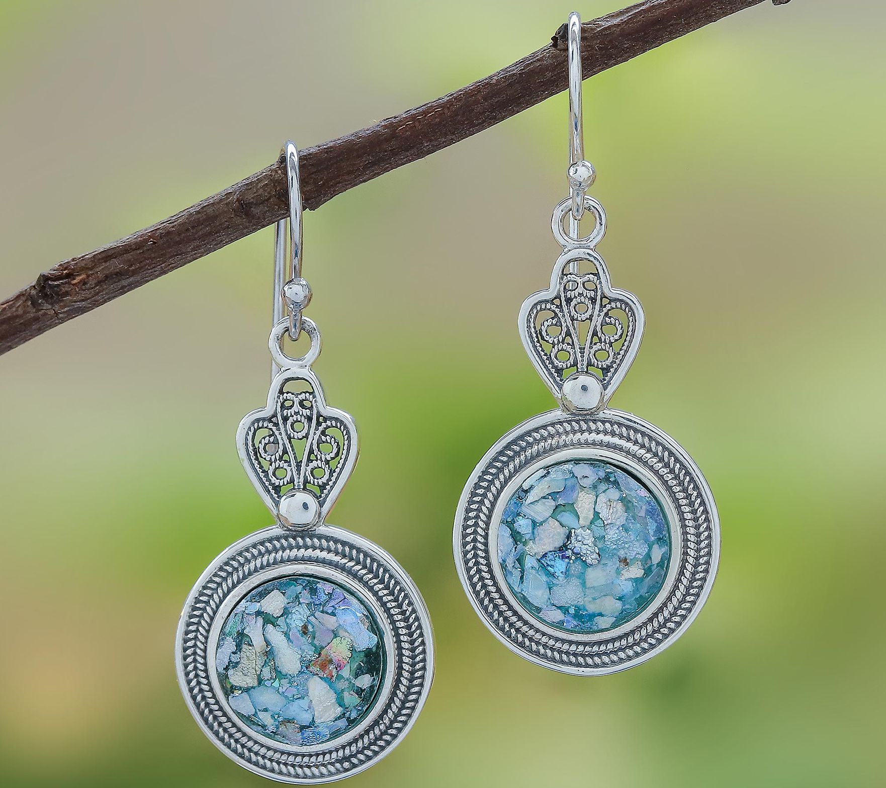 Novica Sterling Silver Roman Glass Earrings
