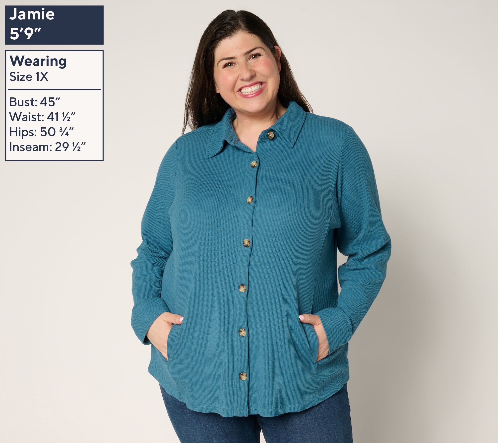 Belle by Kim Gravel Petite Waffle Knit & Jersey Button Front Top