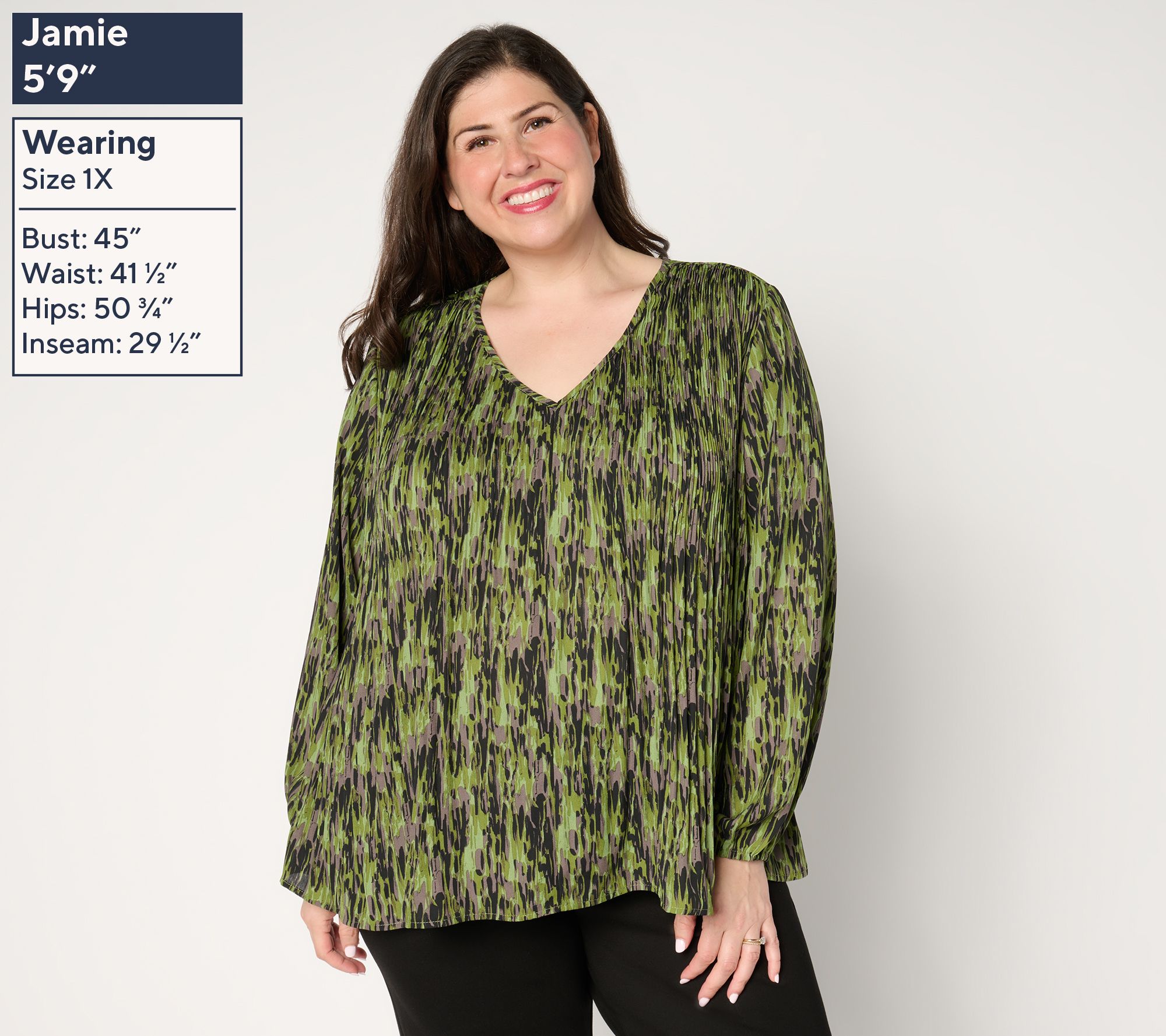 Belle by Kim Gravel Micropleat V-Neck Printed Blouse