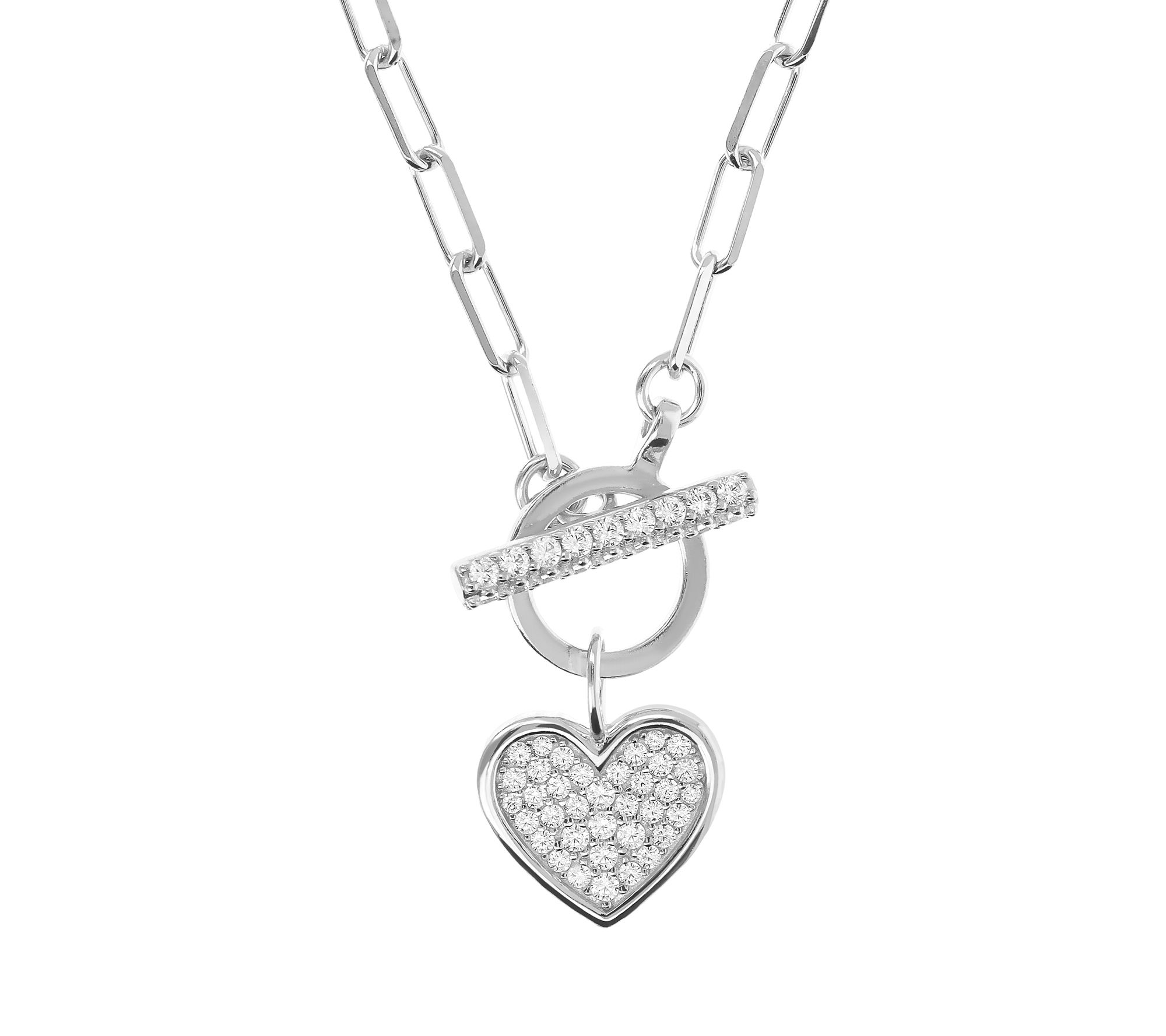 Diamonique Italia Pave Dangle Heart Toggle Necklace, Sterling