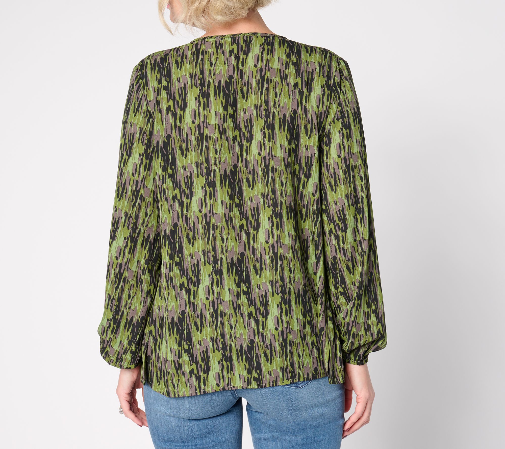 Belle by Kim Gravel Micropleat V-Neck Printed Blouse