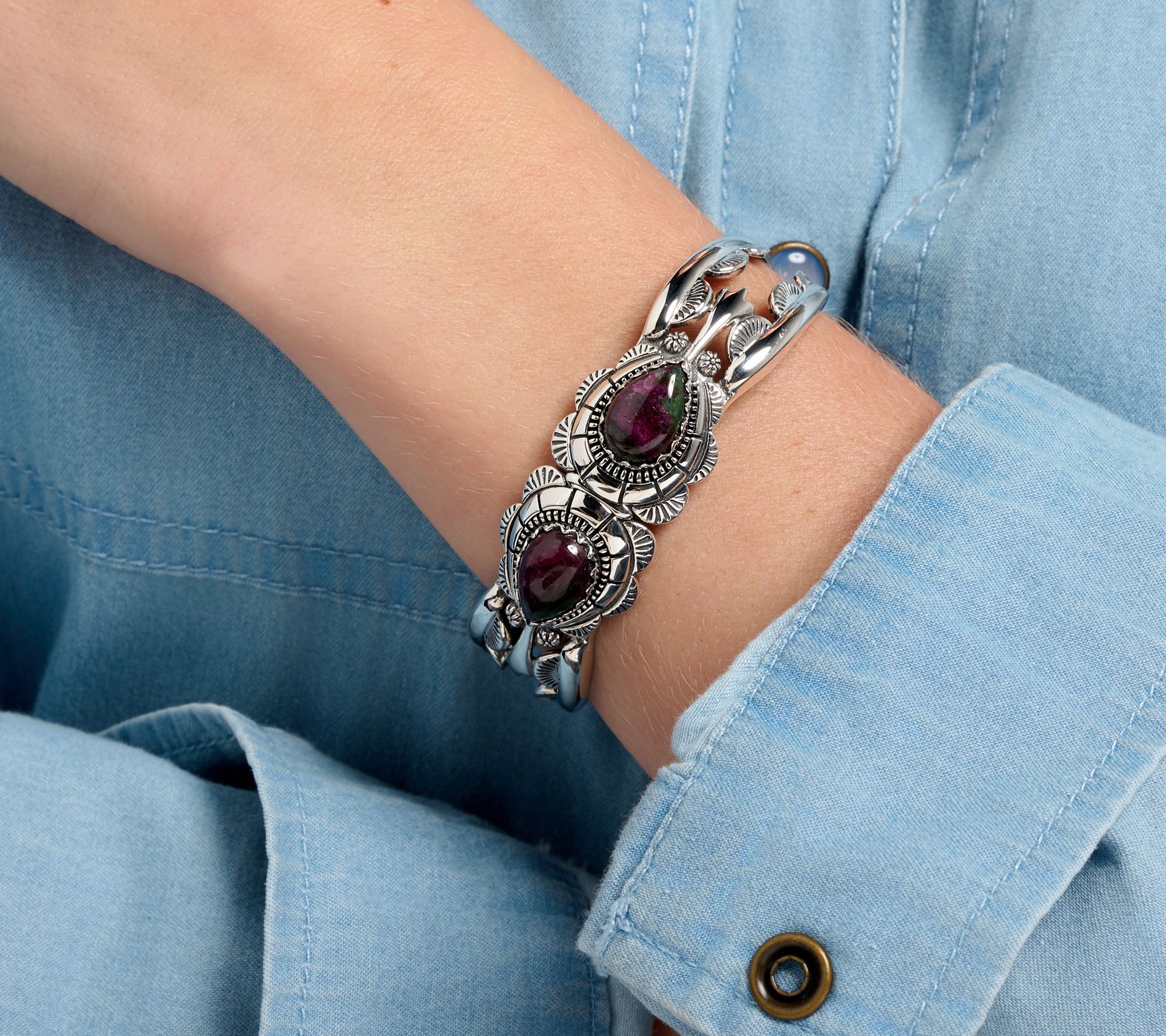 American West Sterling Silver Pear Gemstone Squash Blossom Cuff Bracelet