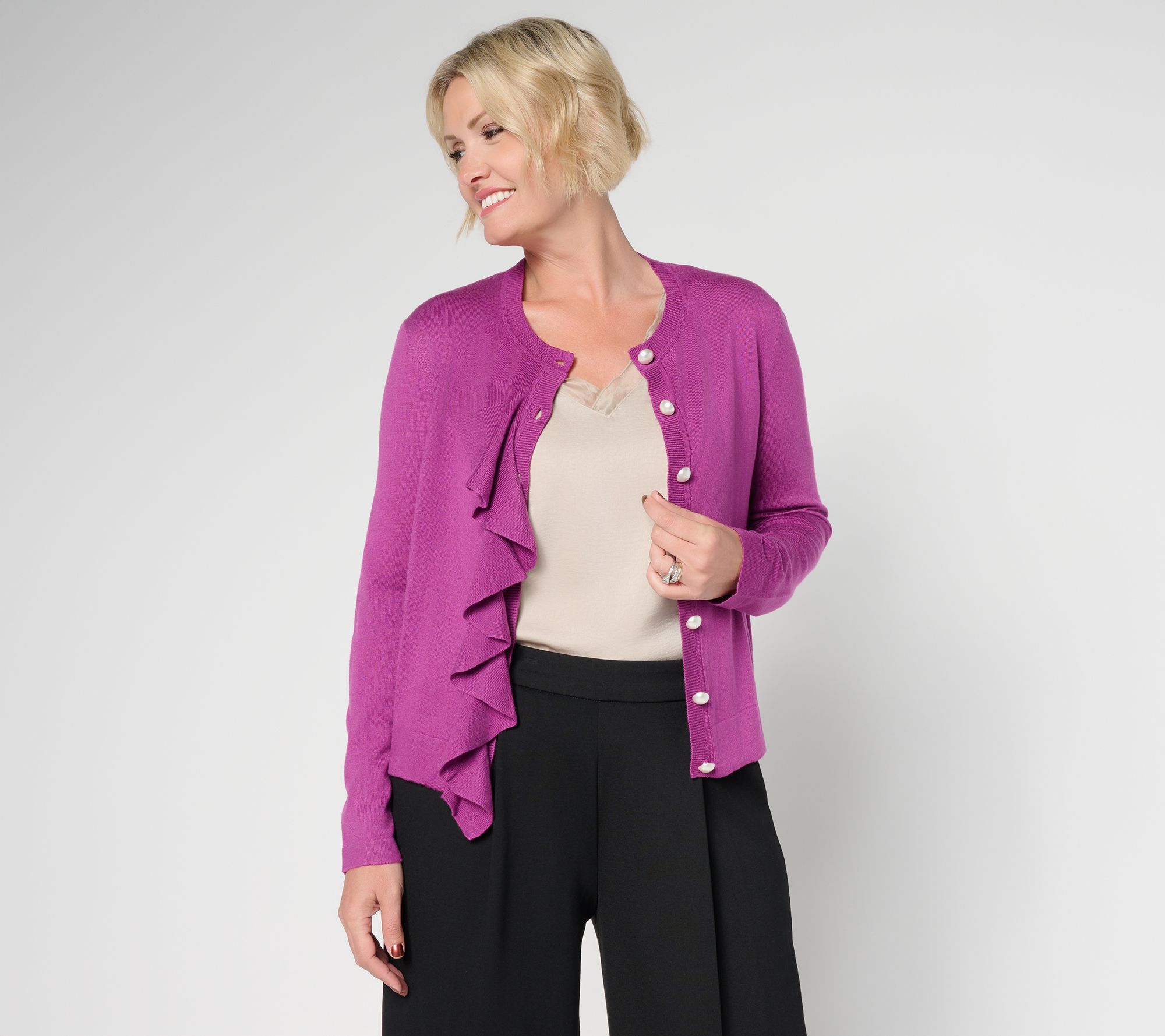 by Stacy London Ruffle Cardigan with Faux Pearl Buttons