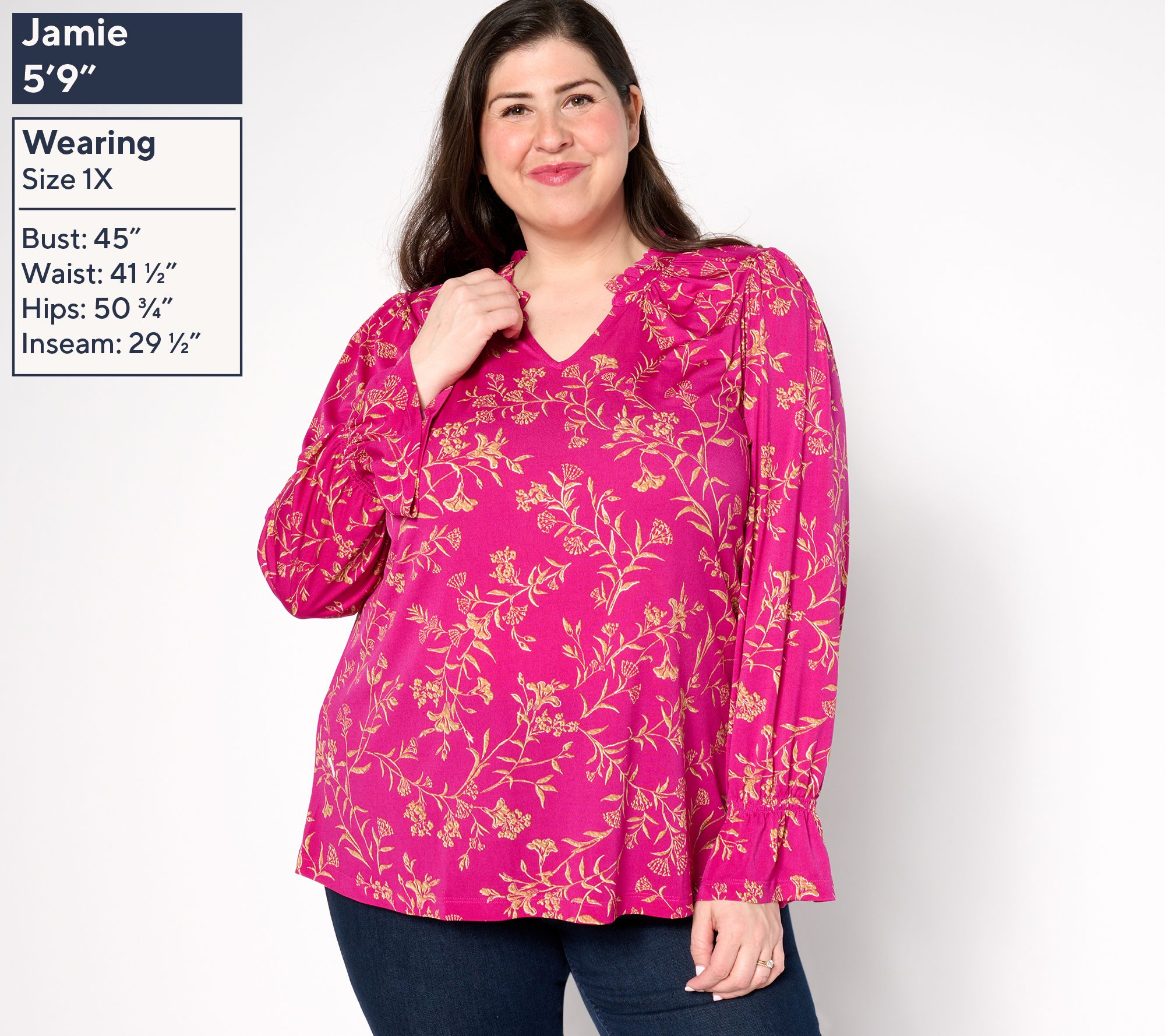 Susan Graver Printed Liquid Knit Bracelet Sleeve Split Neck Top