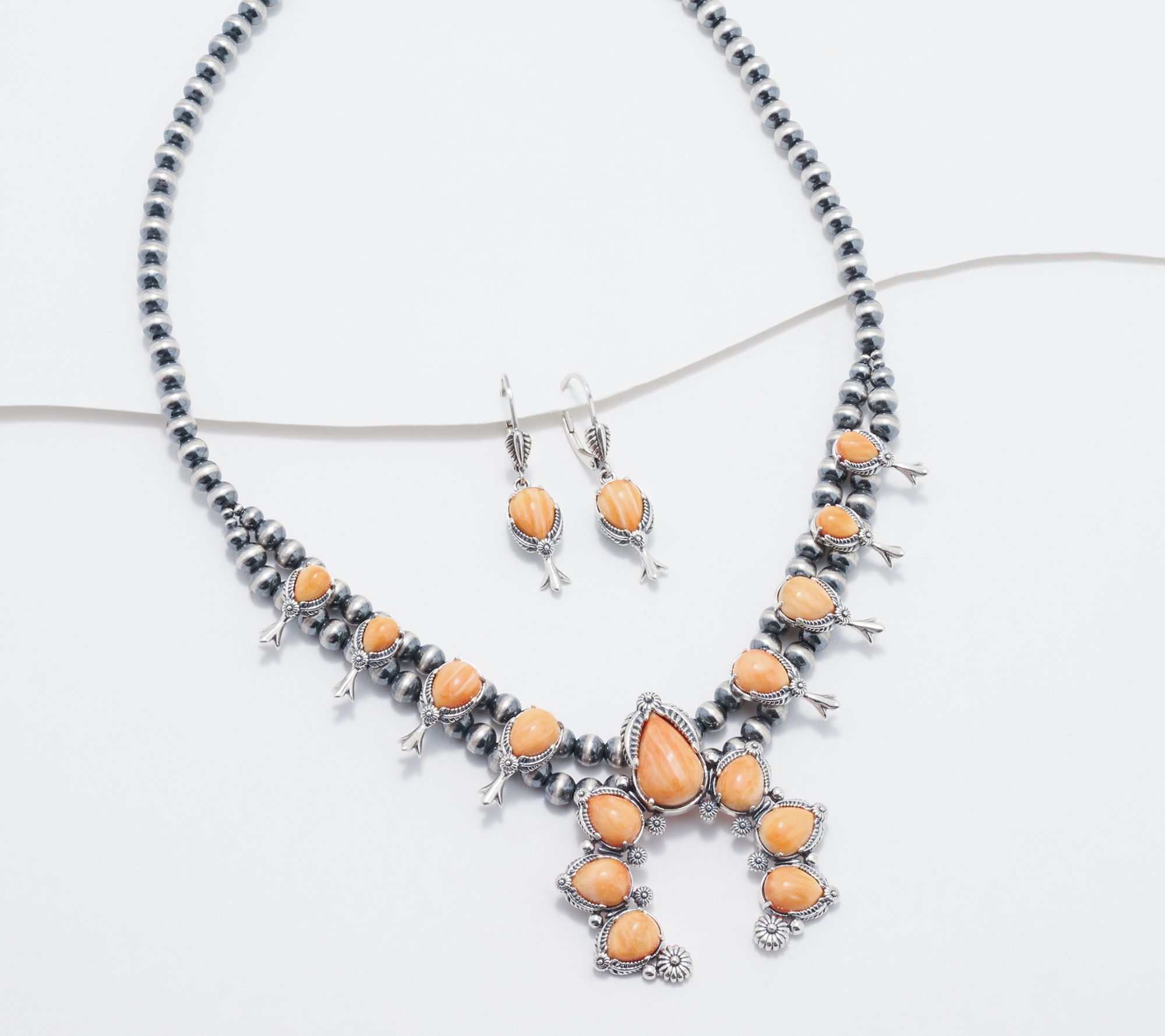 American West Sterl Gemstone Squash Blossom Necklace & Earrings Set