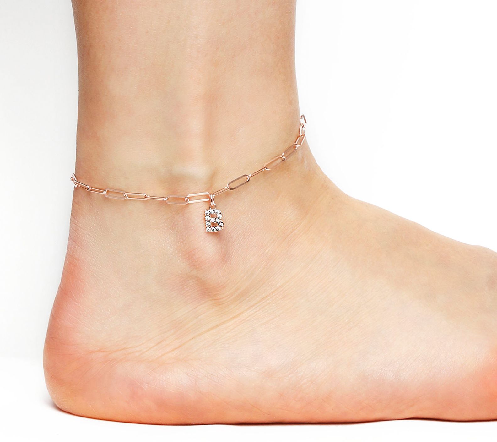 Diamonique Initial Paperclip Ankle Bracelet, 14 K Rose Clad