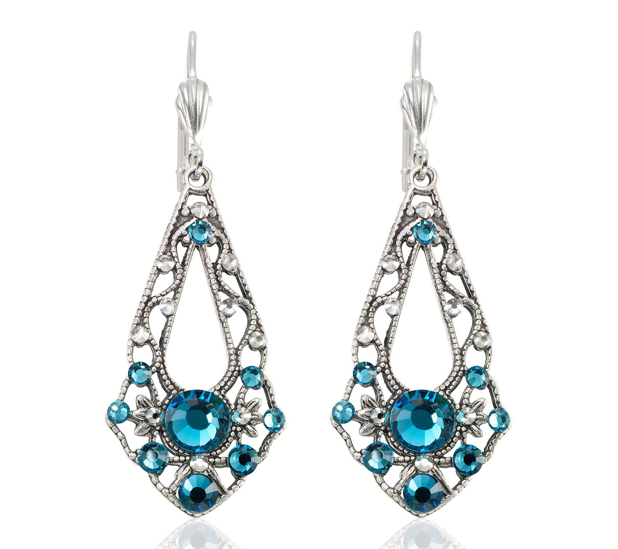 Anne Koplik Teal Crystal Filigree Pointed Pendulum Earrings
