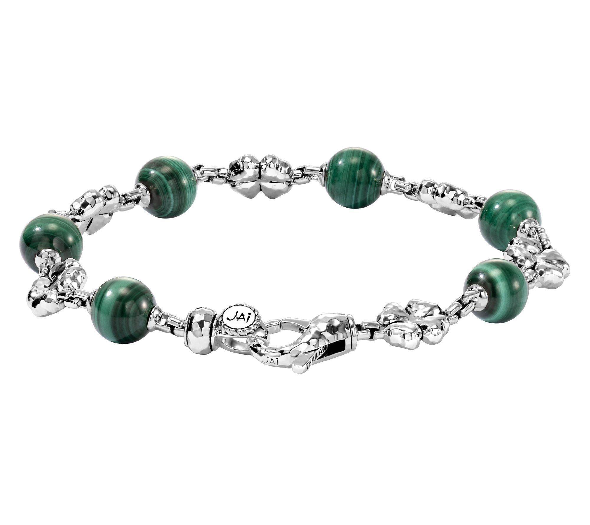 JAI Sterling Silver Clover & Malachite Bead Bracelet