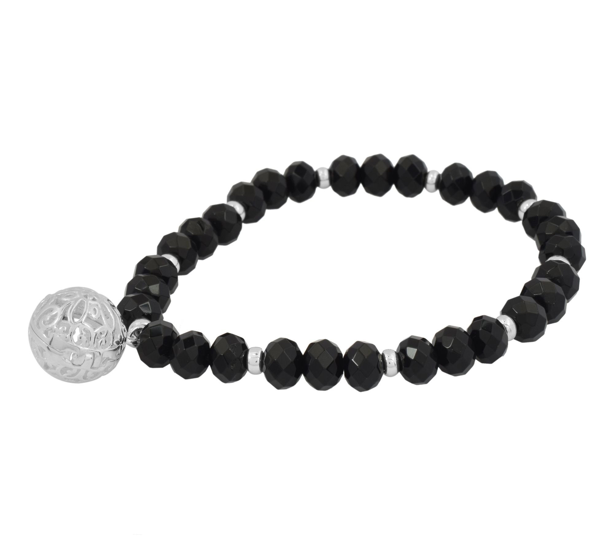 Sterling Silver Black Chalcedony Beaded Charm Bracelet