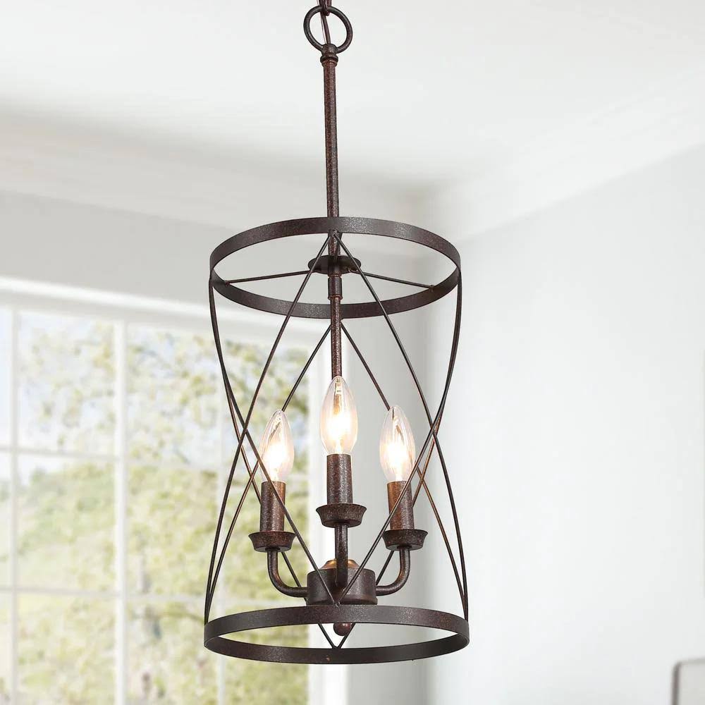 LNC Onawa Drum Chandelier 3-Light Rust Bronze Farmhouse Pendant Light Cylindrical Cage Foyer Ceiling Pendant Light A03601