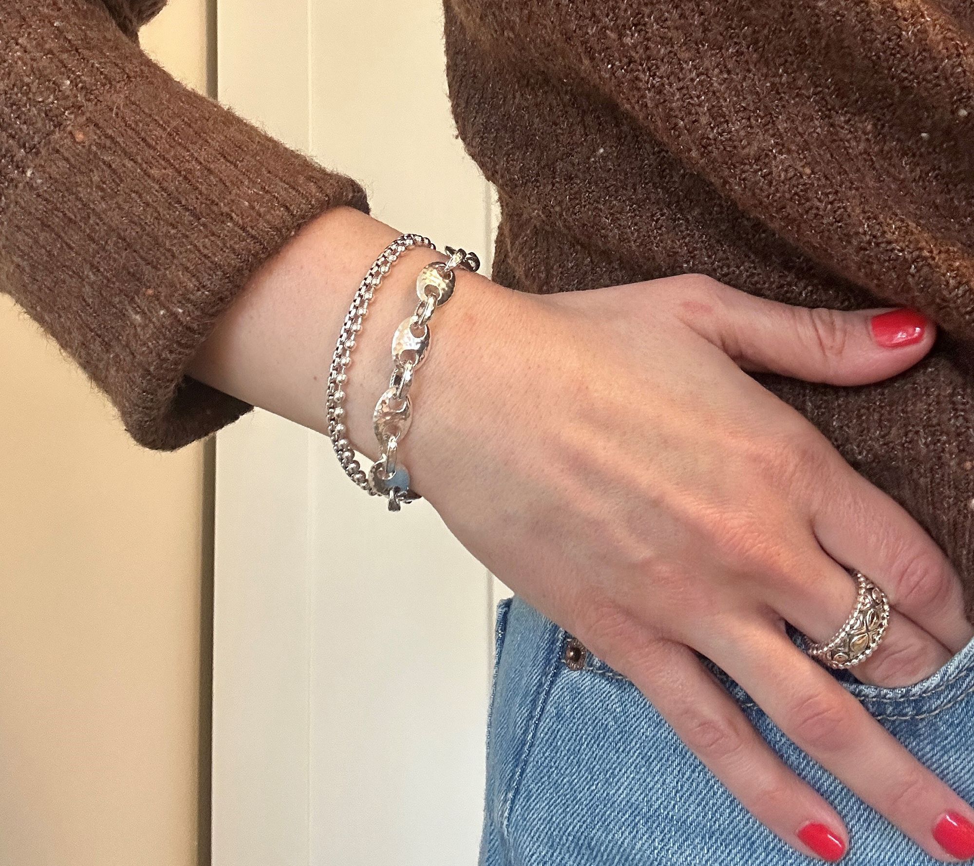 JAI Sterling Silver Textured Mariner Link Bracelet, 21.5g