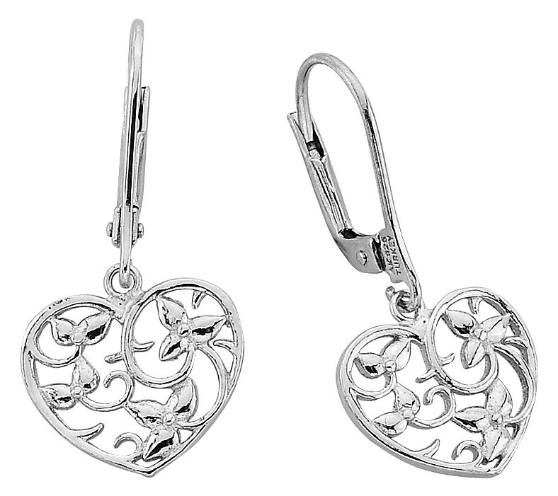 Silver Style Vine Heart Lever Back Earrings, Sterling