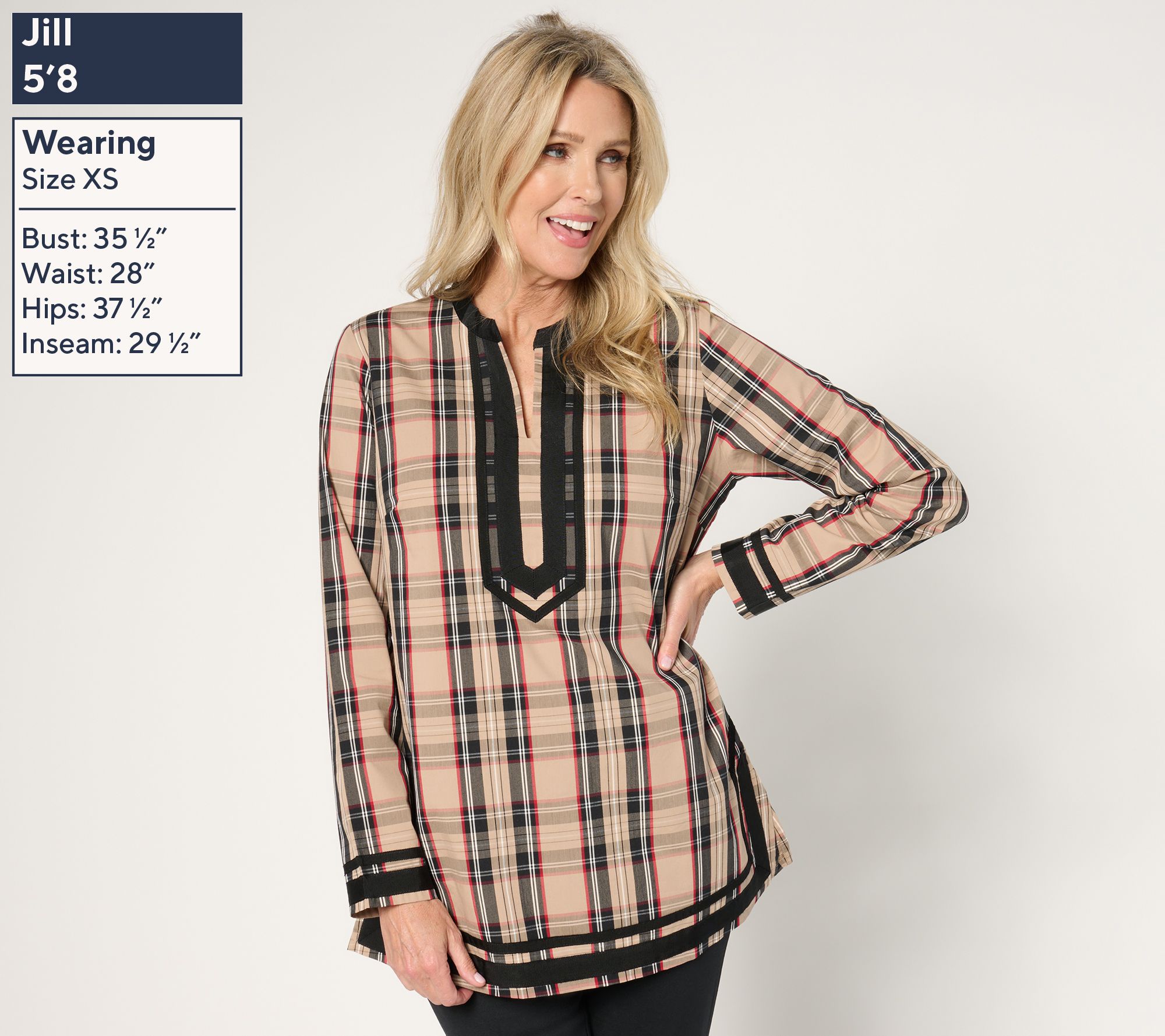 Jingle Belles by Kim Gravel Tartan Plaid Black Border Tunic Blouse