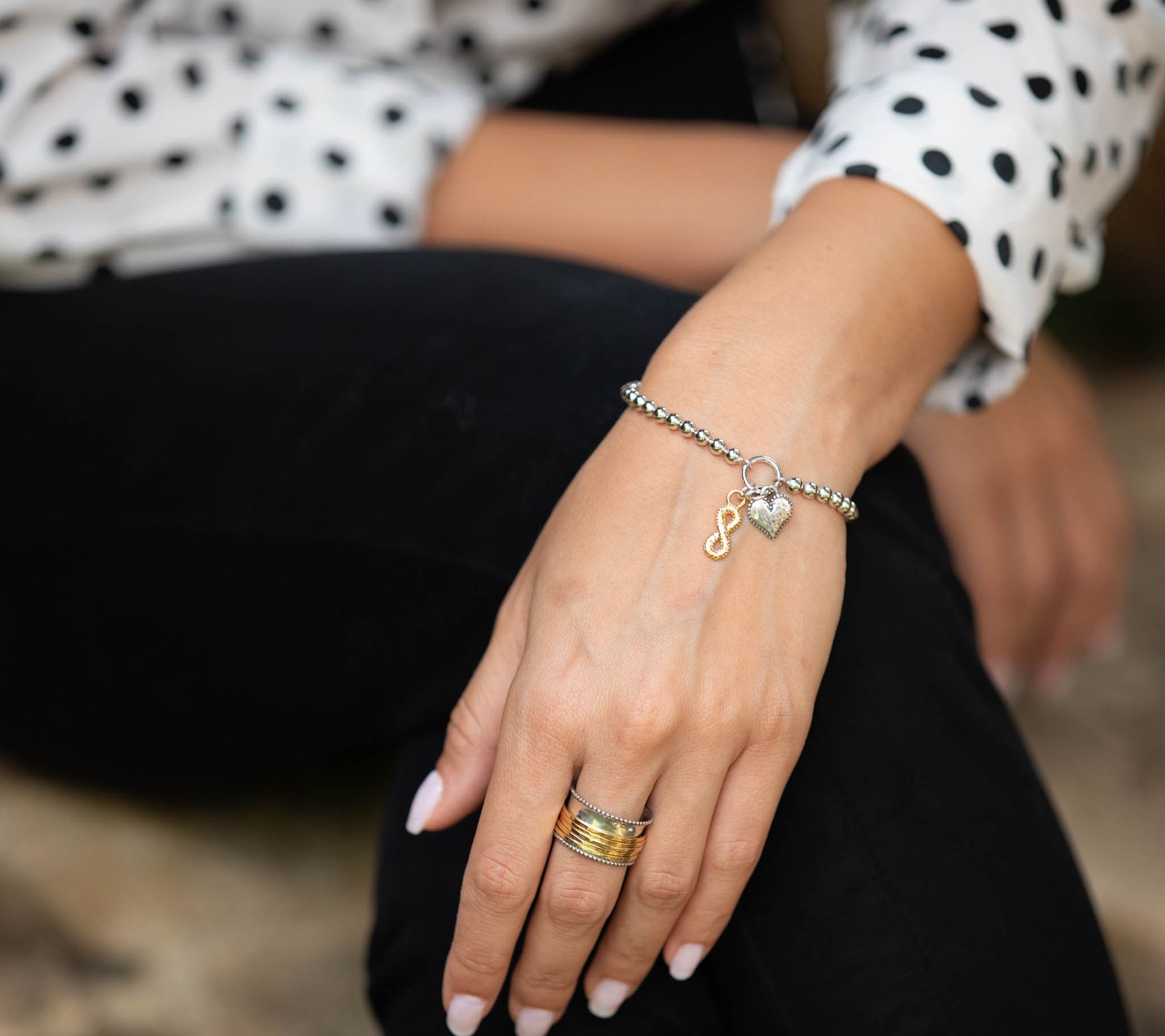 Or Paz Sterling Silver Beaded Heart & Eternity Charm Bracelet