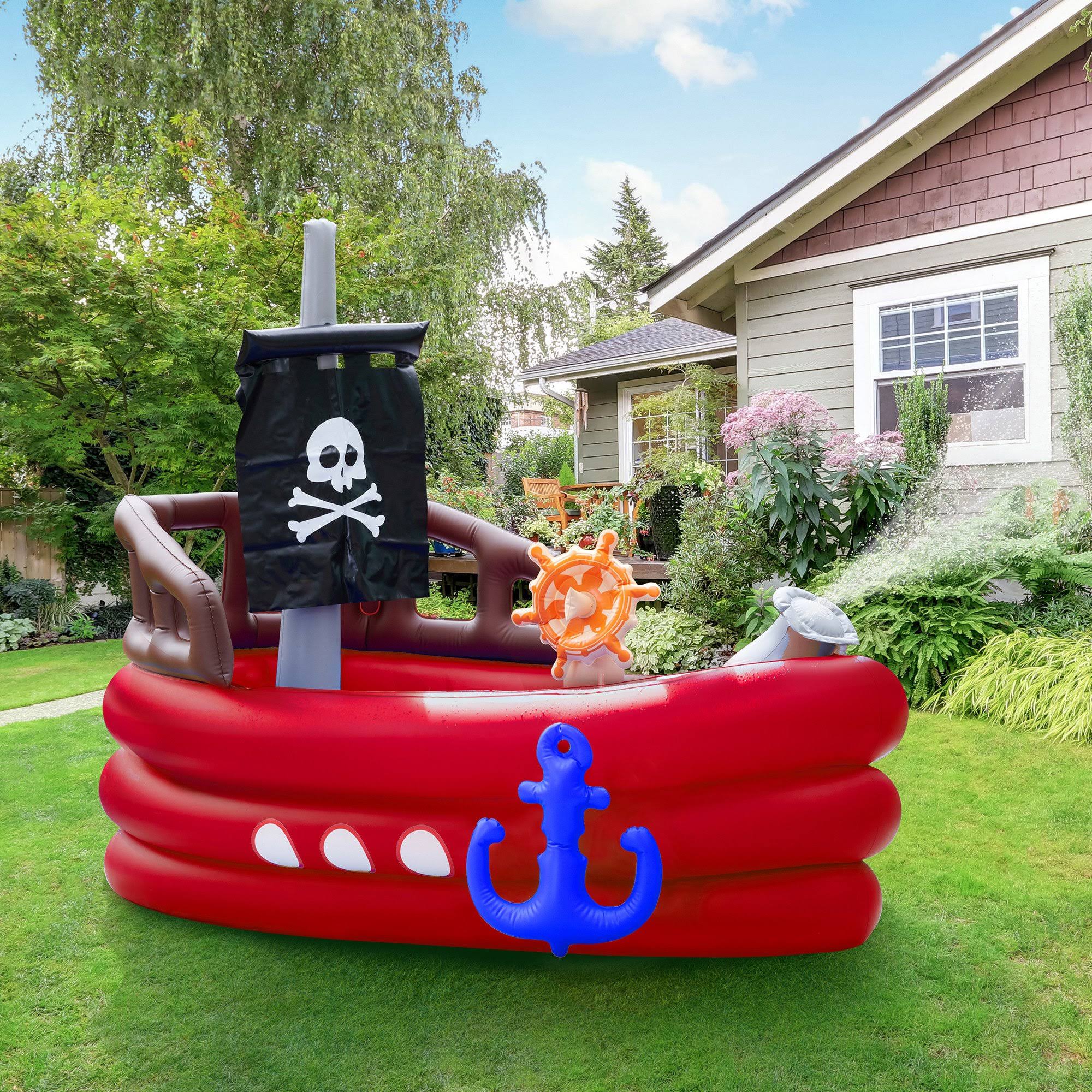 Teamson Kids - Water Fun Pirate Boat Iatable Sprinkler Play Center with Pump - Red