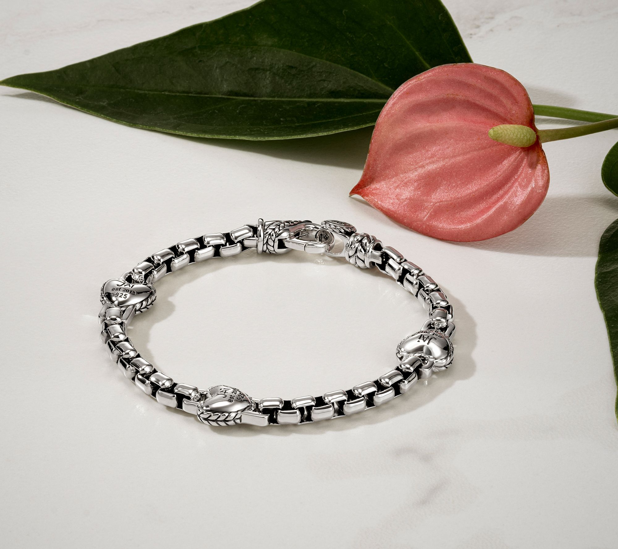JAI Sterling Silver Heart Link 5.3mm Box Chain Bracelet, 21.0g