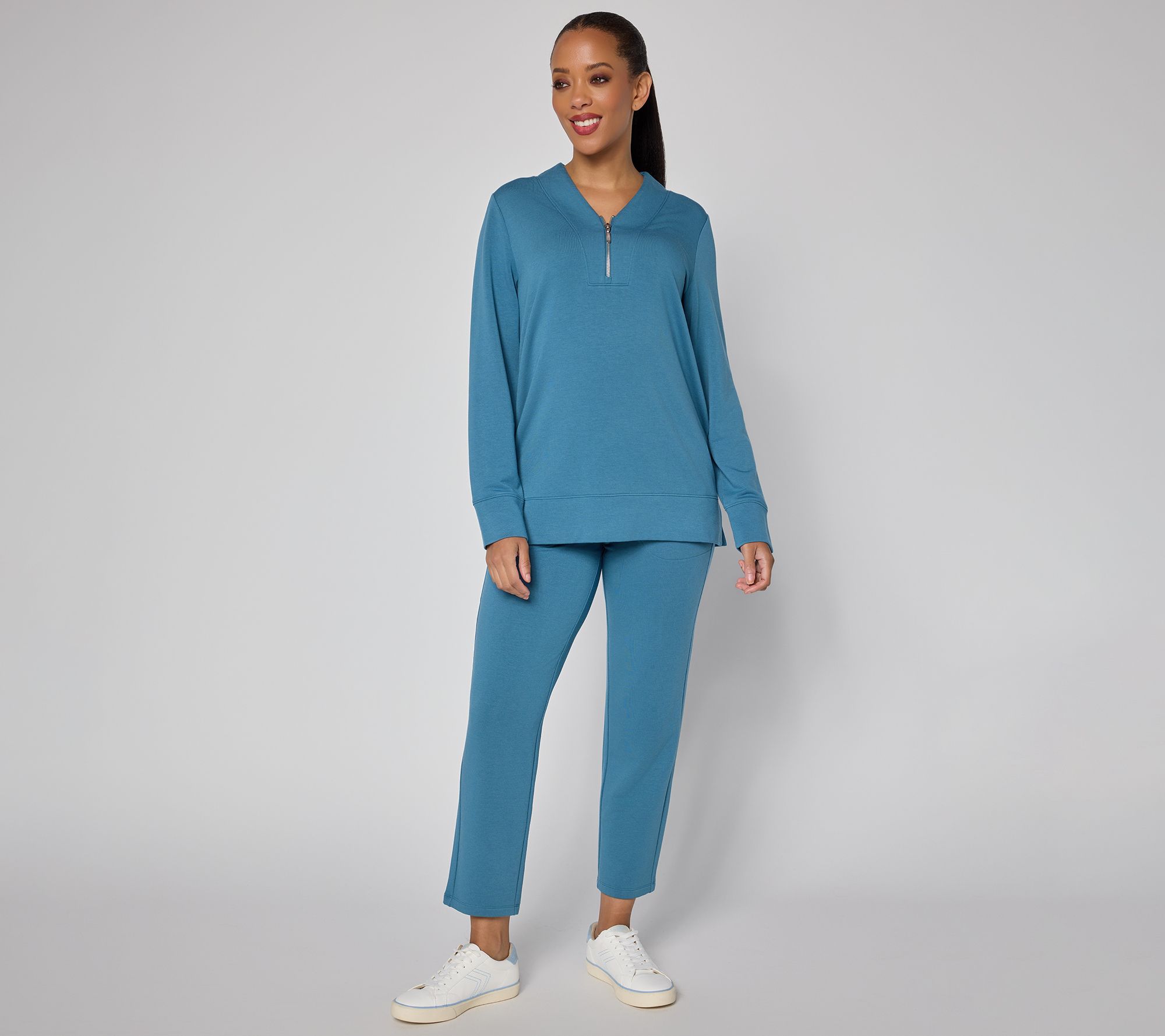 Denim & Co. Active Fleece-Back Knit V-Neck Top