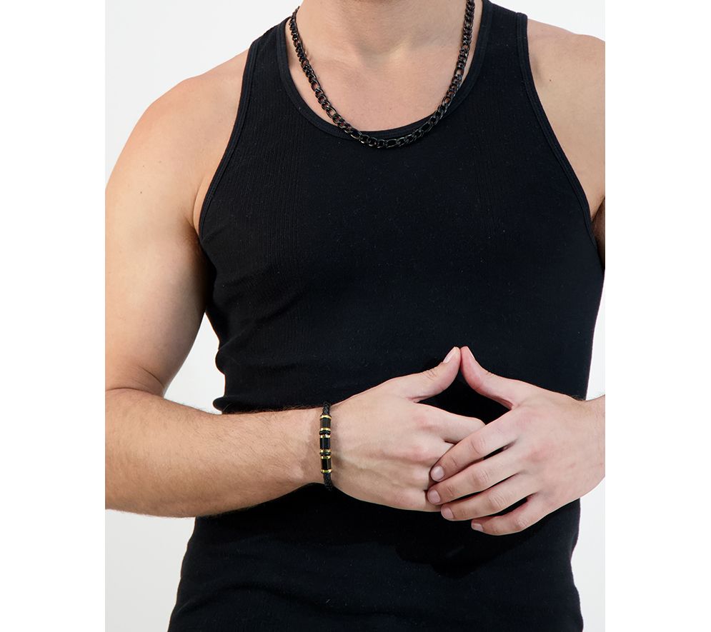 Steel by Design Men's Black Leather & 18k Gold Plated Bracelet