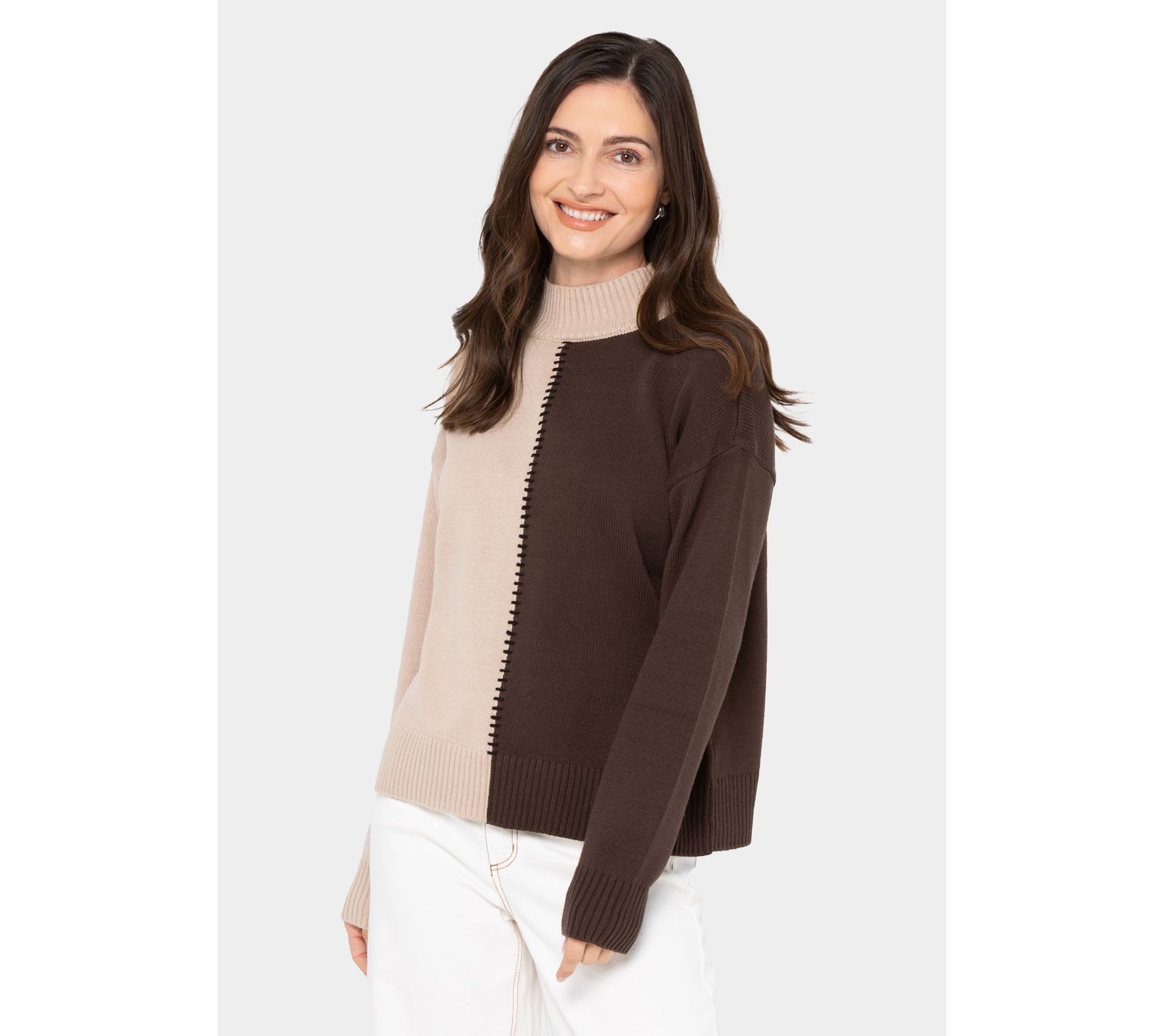 Peace Love World Solid or Split Color Mock-Neck Sweater