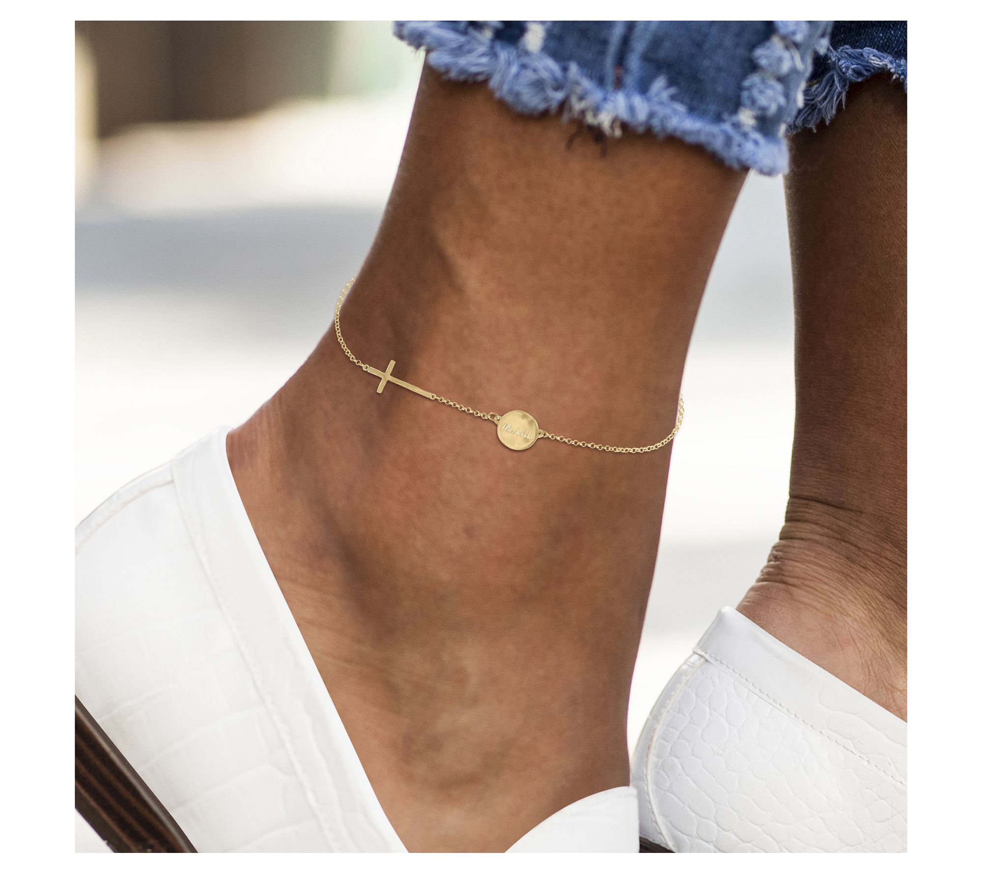 Personalized Engraved Graceful Disc w/ Cross Ankle Bracelet