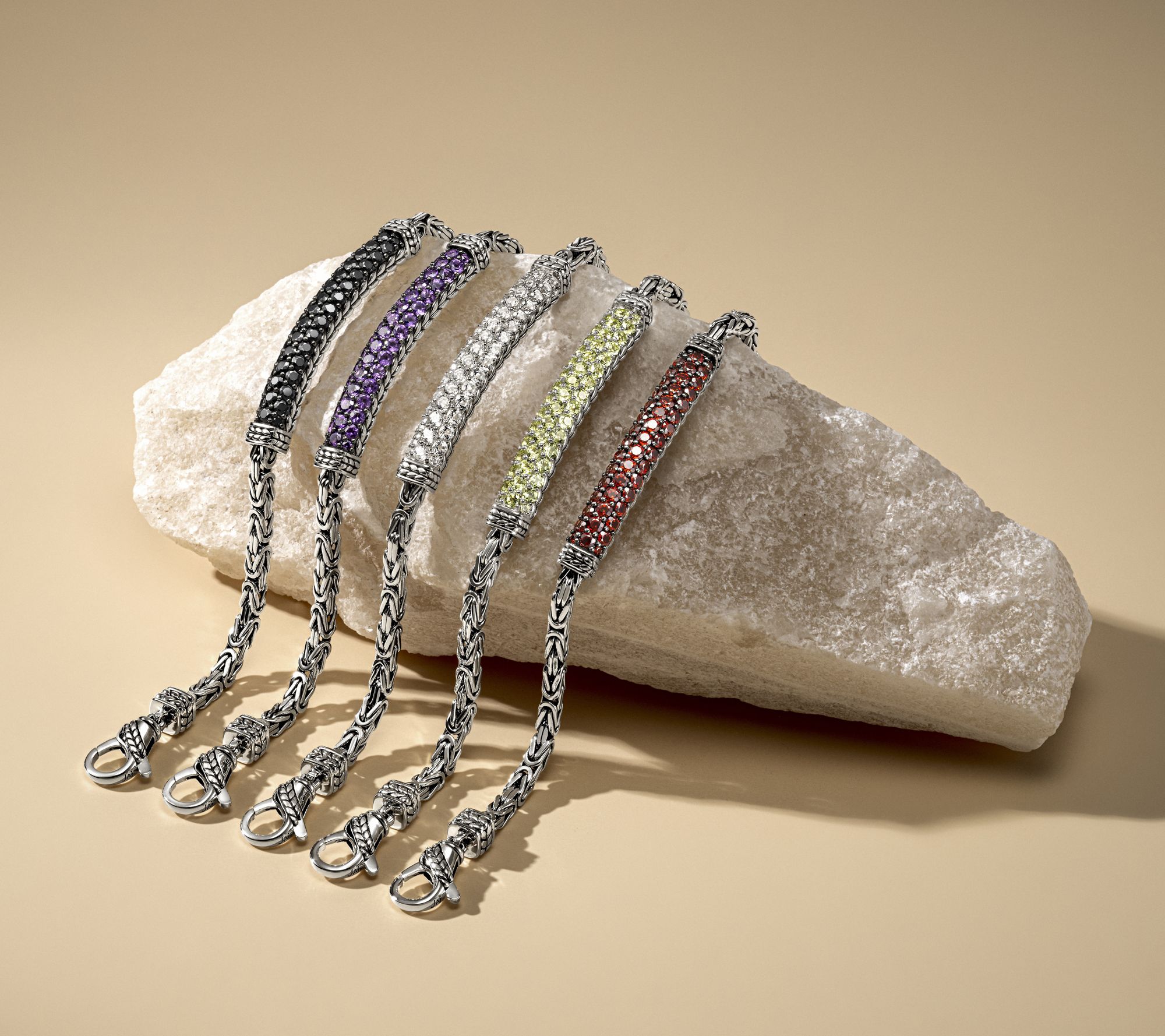 JAI Sterling Silver Pave Gemstone Byzantine Bracelet