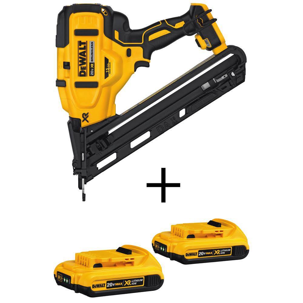 DeWalt 20-Volt Max XR Lithium-Ion Cordless 15-GaugeAngled Finish Nailer(Tool-Only) with Bonus Battery Pack 2.0Ah (2-Pack)