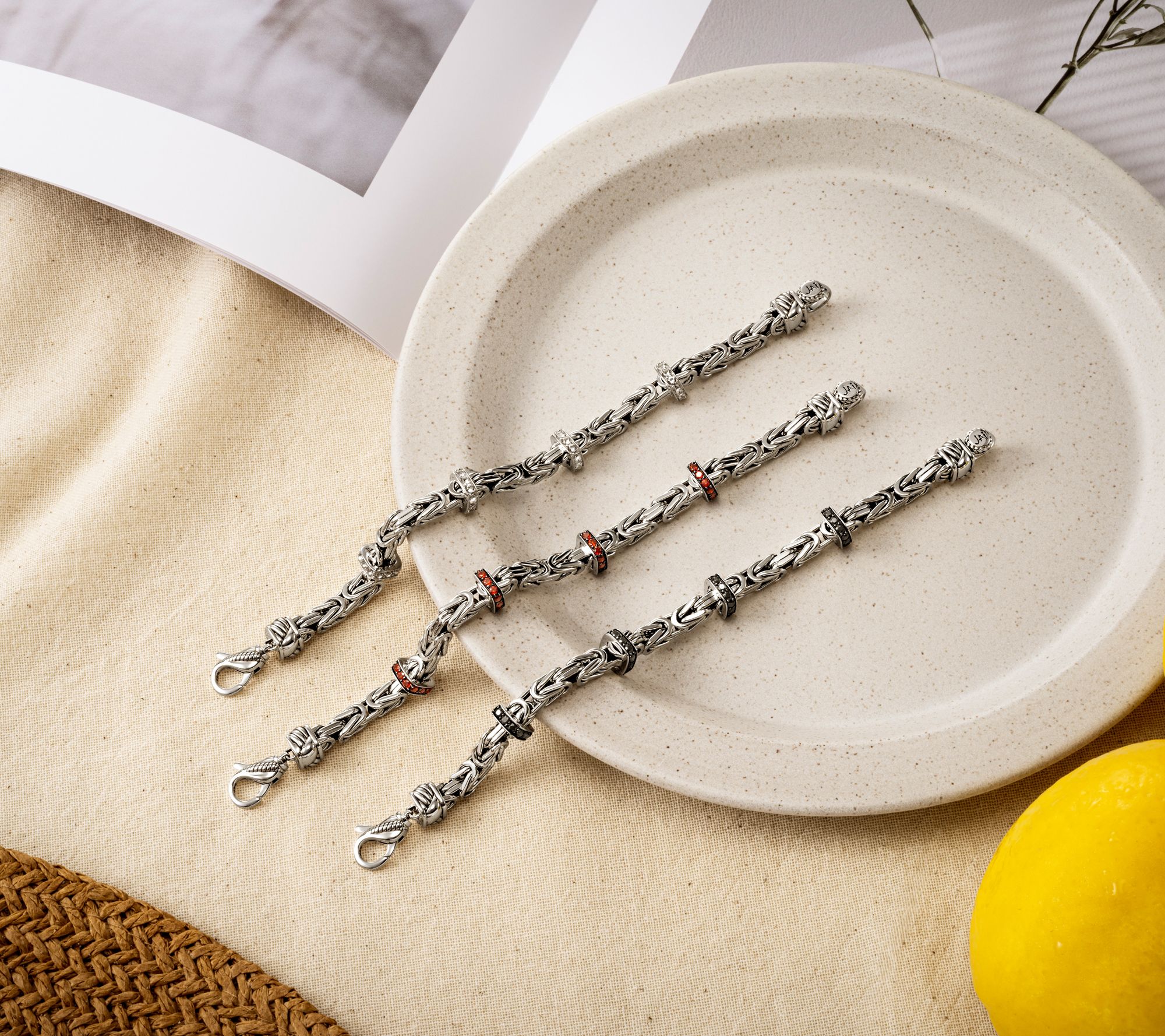 JAI Sterling Silver 5.1mm Byzantine & Pave Gemstone Bracelet