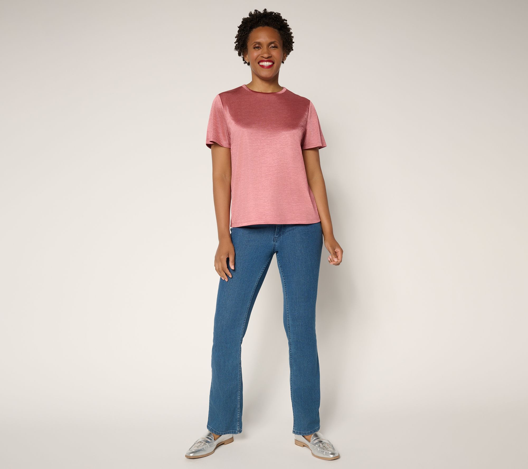 BEAUTIFUL by Lawrence Zarian Knit Satin Short Sleeve Top