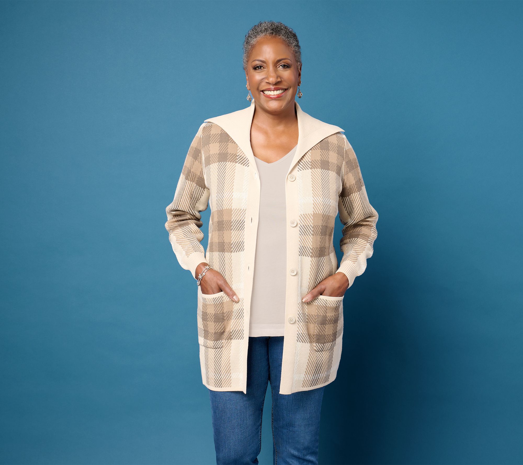 Denim & Co. Petite Button Front Sweater Tunic Cardigan