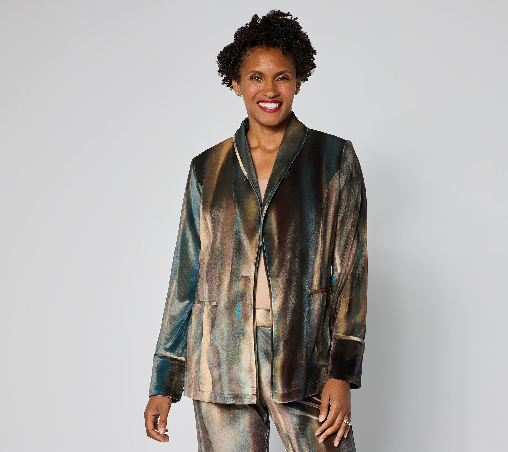 LOGO by Lori Goldstein Printed Velvet Shawl Collar Blazer