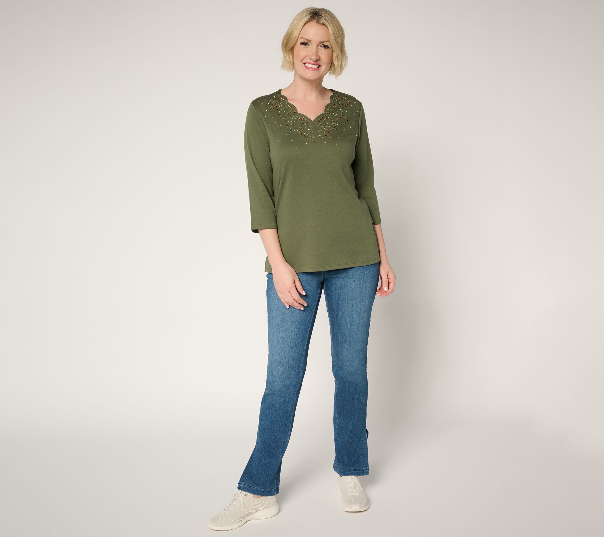 Quacker Factory Swirling Leaves Scalloped 3/4 Sleeve Top