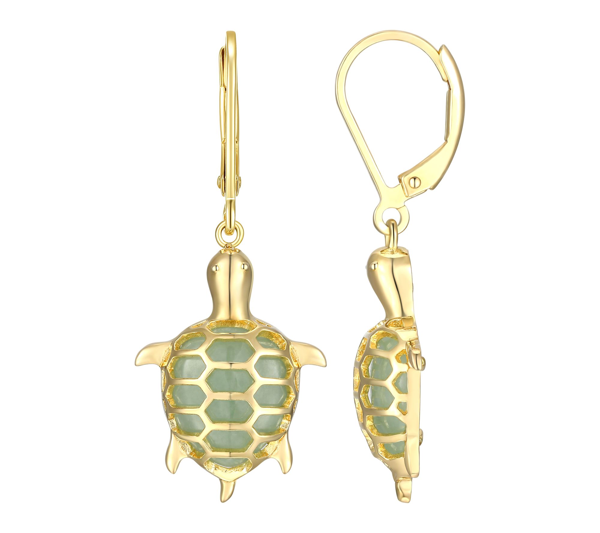 Dynasty Jade Turtle Leverback Earrings, 18k Gold Plated