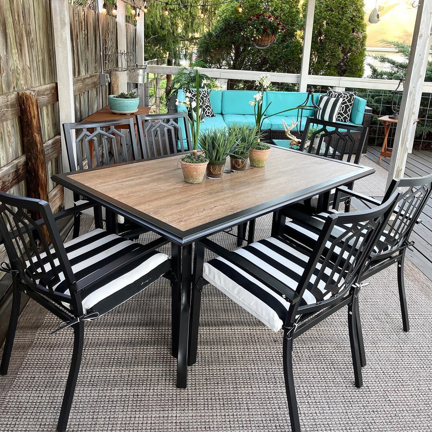 7-Piece Outdoor Patio Dining Set with Wood-look Table and 6 Stackable Metal Steel Chairs
