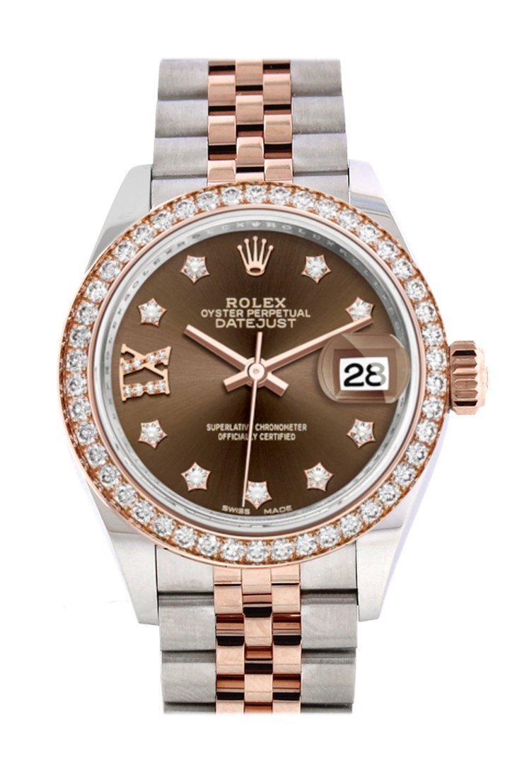 Rolex Datejust 28 Chocolate Large VI Diamonds Dial Diamond Bezel Rose Gold Jubilee Two Tone Watch 279381RBR 279381