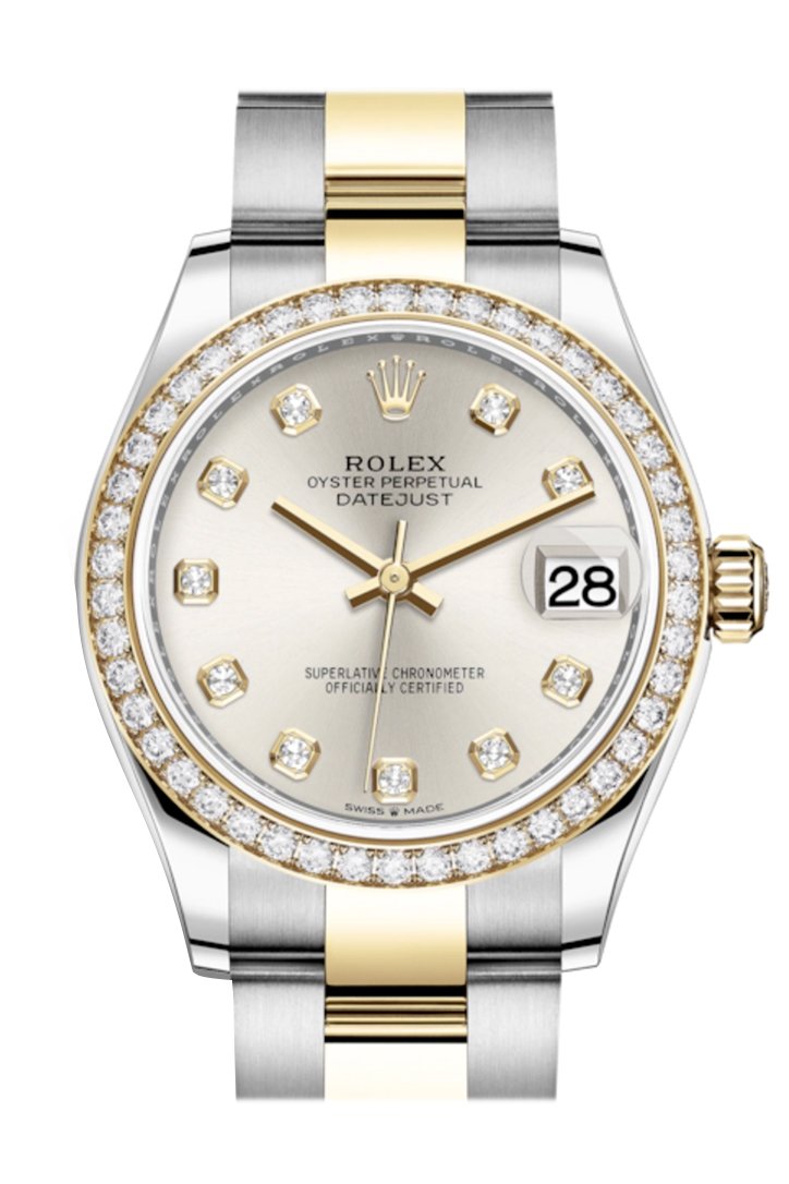 Rolex Datejust 31 Silver Diamonds Dial Diamond Bezel Yellow Gold Two Tone Watch 278383RBR 278383