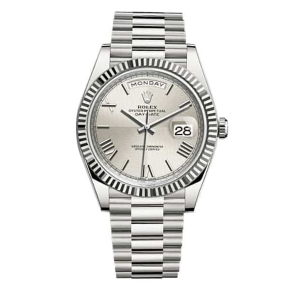 Rolex Day-Date 40 Presidential Silver dial, Fluted Bezel, President bracelet, White gold Watch