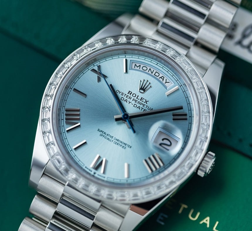 Rolex Day-Date 40 Presidential Platinum Watch, Blue dial, Diamond Bezel, President bracelet, 2022 model 228396tbr-0002
