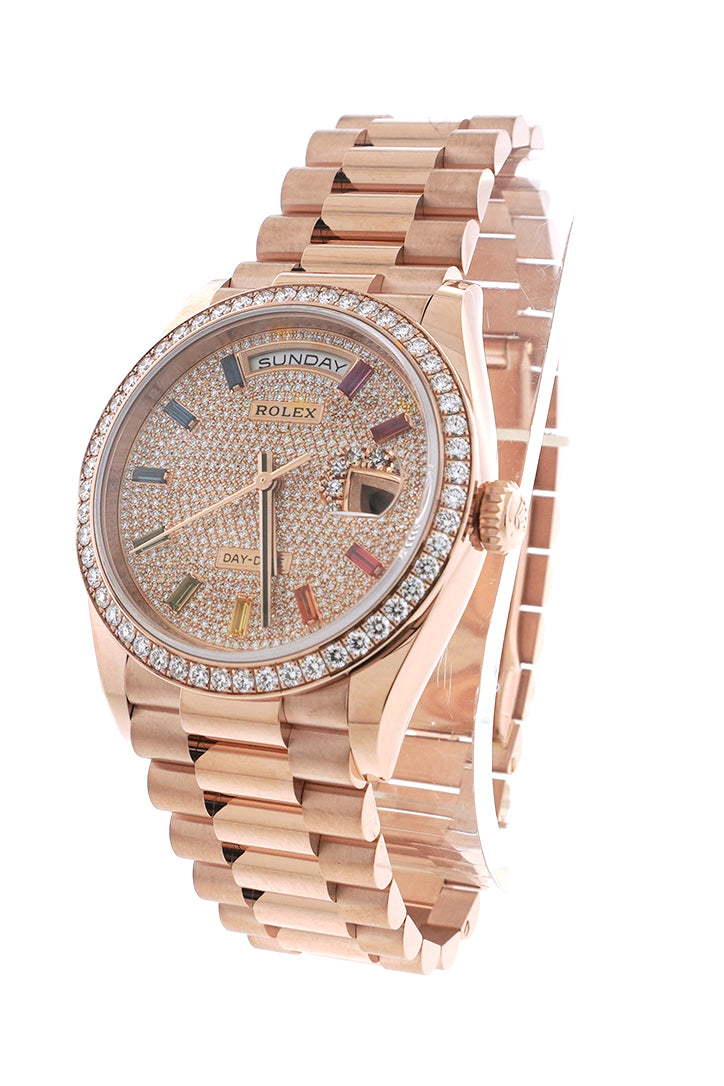 Rolex Day-Date 36 Everose Diamond Bezel  Diamond Paved Rainbow Sapphire Dial President Bracelet Watch 128345RBR