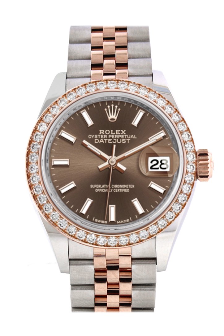 Rolex Datejust 28 Chocolate Dial Diamond Bezel Rose Gold Jubilee Two Tone Watch 279381RBR 279381