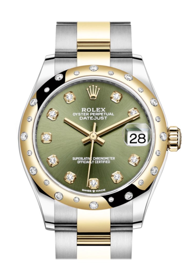 Rolex Datejust 31 Olive Green Diamonds Dial Diamond Bezel Yellow Gold Two Tone Watch 278343RBR 278343 NP