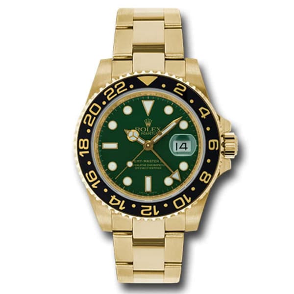 Rolex GMT Master II Green Dial Oyster Bracelet 18k Yellow Gold Mens Watch 116718G