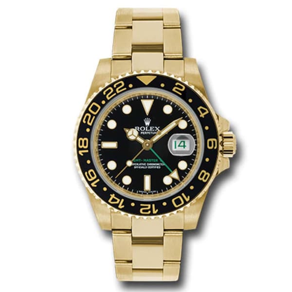 Rolex GMT Master II Black Index Dial Oyster Bracelet 18k Yellow Gold Mens Watch 116718BK