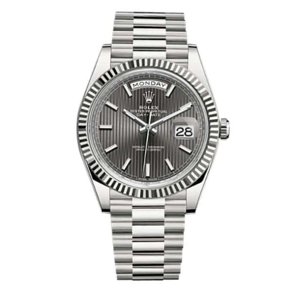 Rolex Day-Date 40 Presidential Dark Rhodium dial, Fluted Bezel, President bracelet, White gold Watch