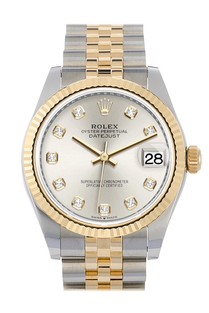 Rolex Datejust 31 Silver Diamond Dial Fluted Bezel 18K Yellow Gold Two Tone Jubilee Watch 278273 NP