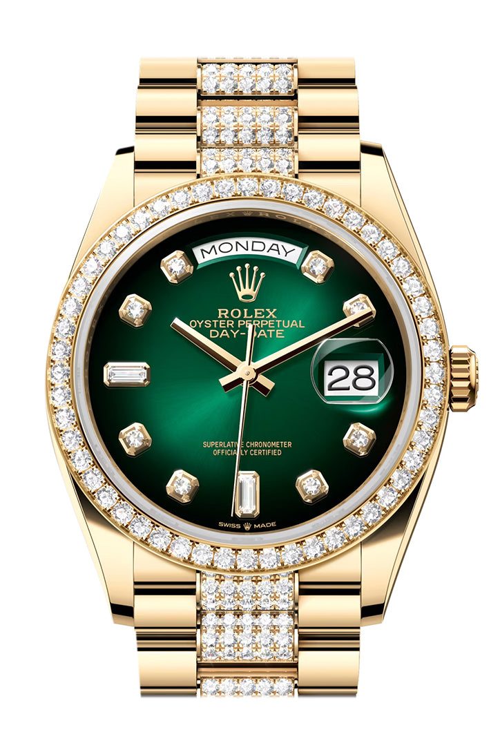 Rolex Day-Date 36 Green ombré Diamond Dial Gold Diamond Bezel Watch 128348RBR-0036 128348RBR