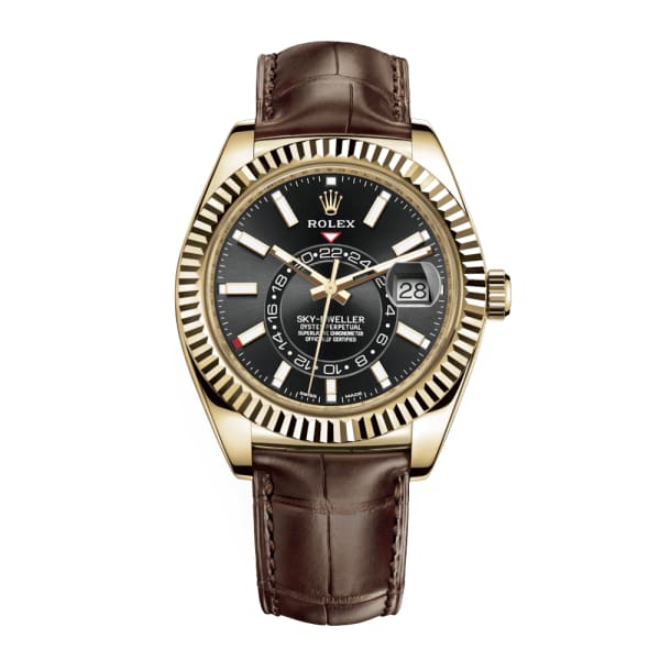Rolex Sky-Dweller Black Dial Automatic 18kt Yellow Gold Leather Strap 326138-0008