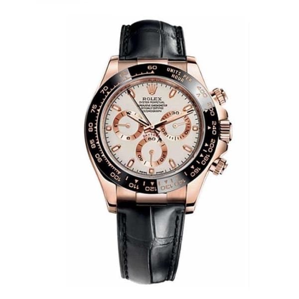 Rolex Daytona, Ivory dial, Engraved Bezel, Leather strap, Rose gold Watch 116515 LNi